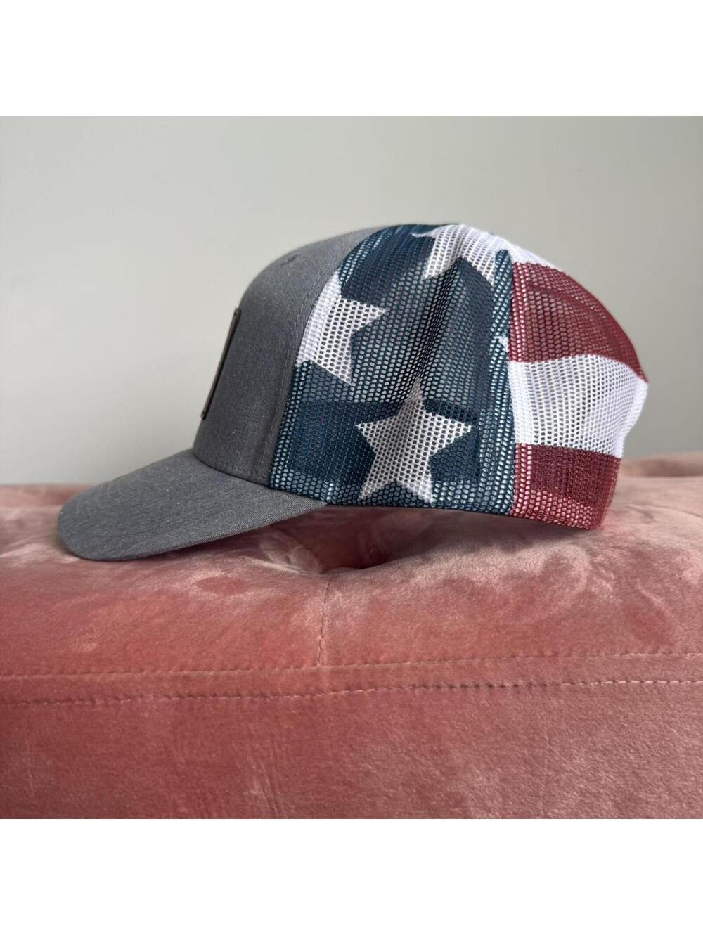 Waterfront Sunset Bar Trucker Hat Gray Patriotic Mesh Back Adjustable